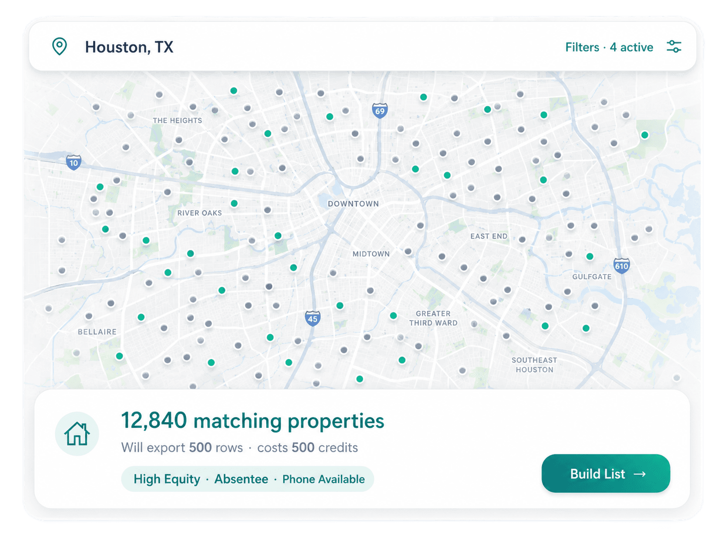 PropContact map exploration with property pins and filters